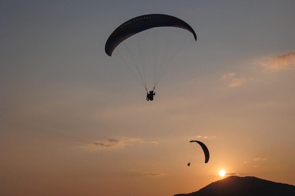 paragliding, parachute, sunset